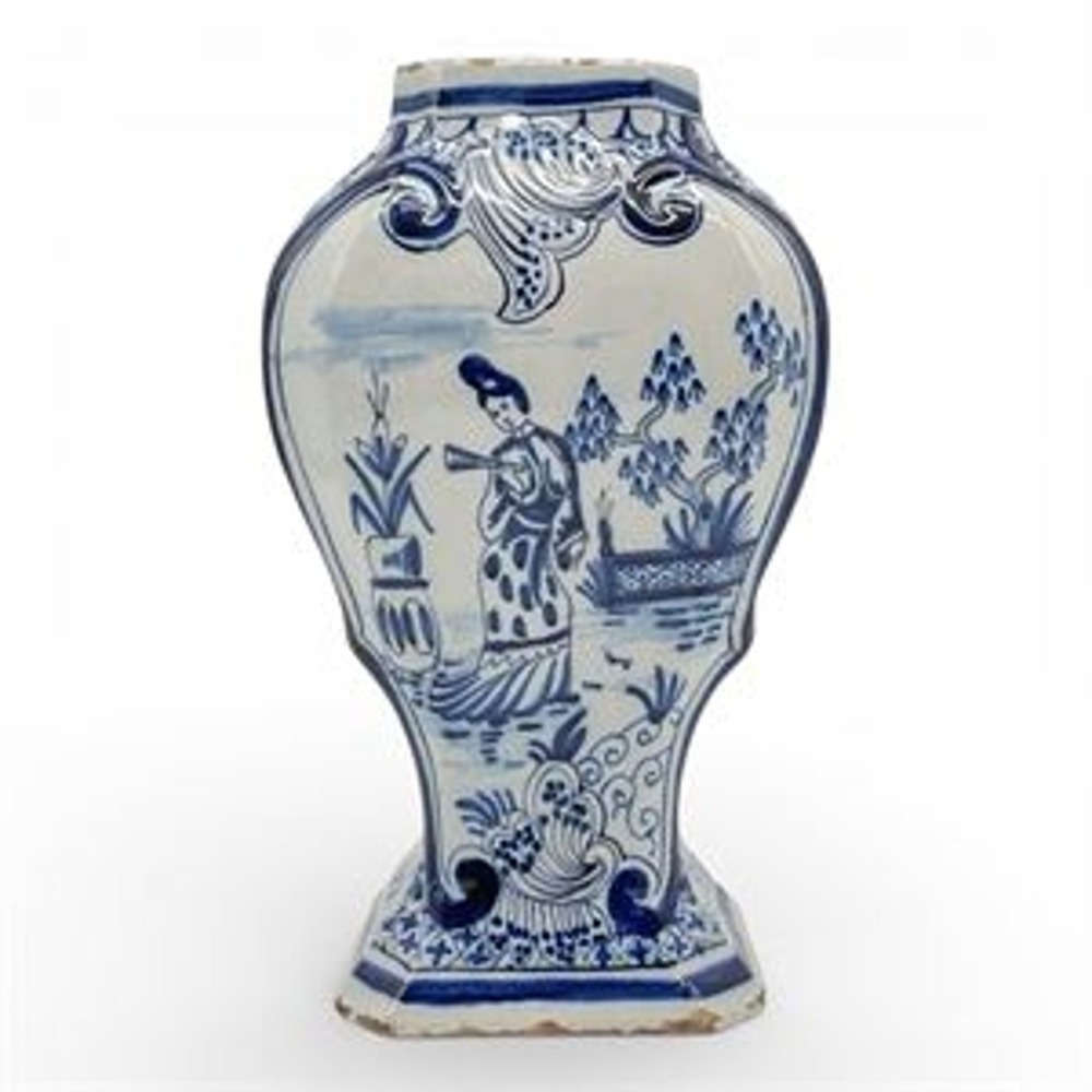 Delft Vase Signed Asian Motif Blue & White Hand Painted Dutch Pottery Vase